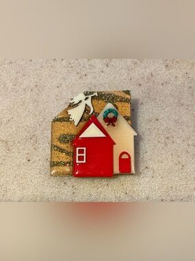 Holiday House Brooch in Red, Cream and Gold